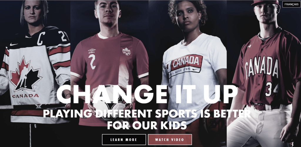 Playing multiple sports is promoted in the Change It Up program. Four multi sport athletes pose for a photo.