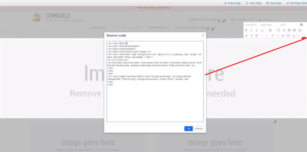 Edit your source code in Uplifter's sports club website builder