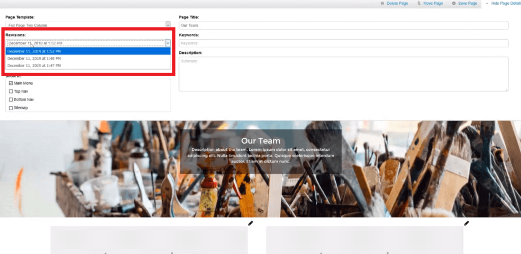 Uplifter sports club website builder allows users to revert to previous versions