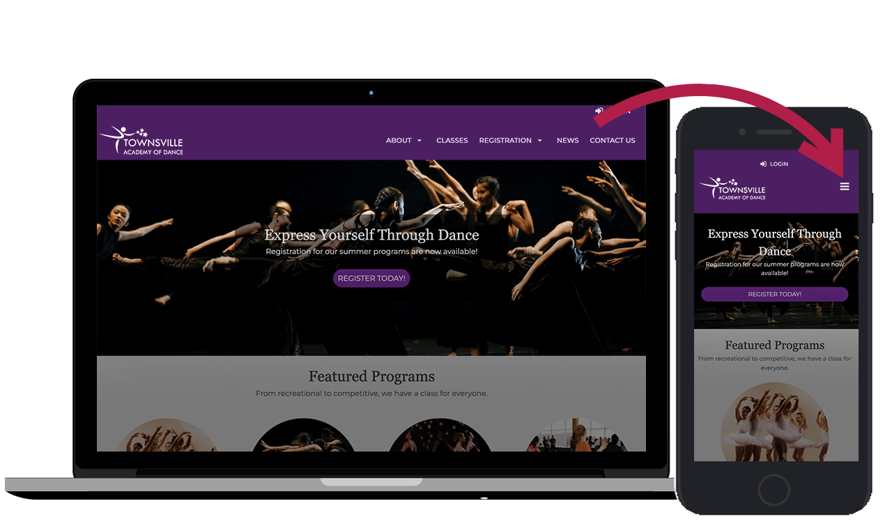Example of mobile menu on a dance website