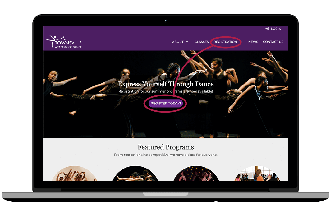 Example of registration call-outs on a dance website