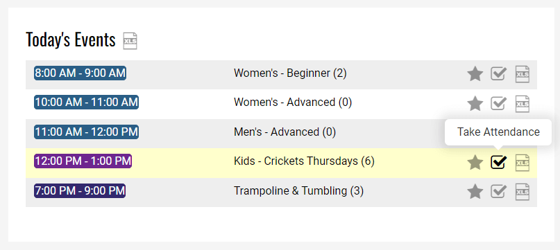 Using gymnastics attendance tracking from the Today's Events shortcut. 