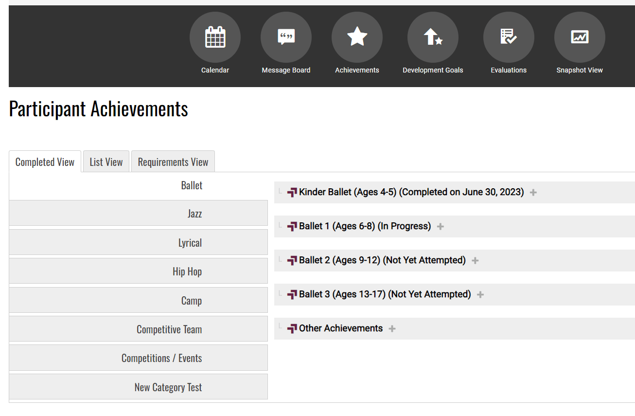 Dance progress report with a curriculum that dancers can progress along.