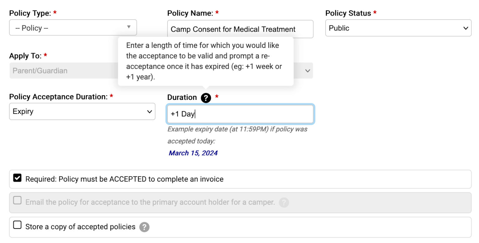 Setting how long your online camp waiver will be effective.
