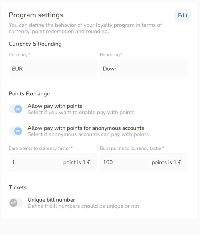 Exemplary setting options for a points program such as currency, rounding, points per euro, etc.