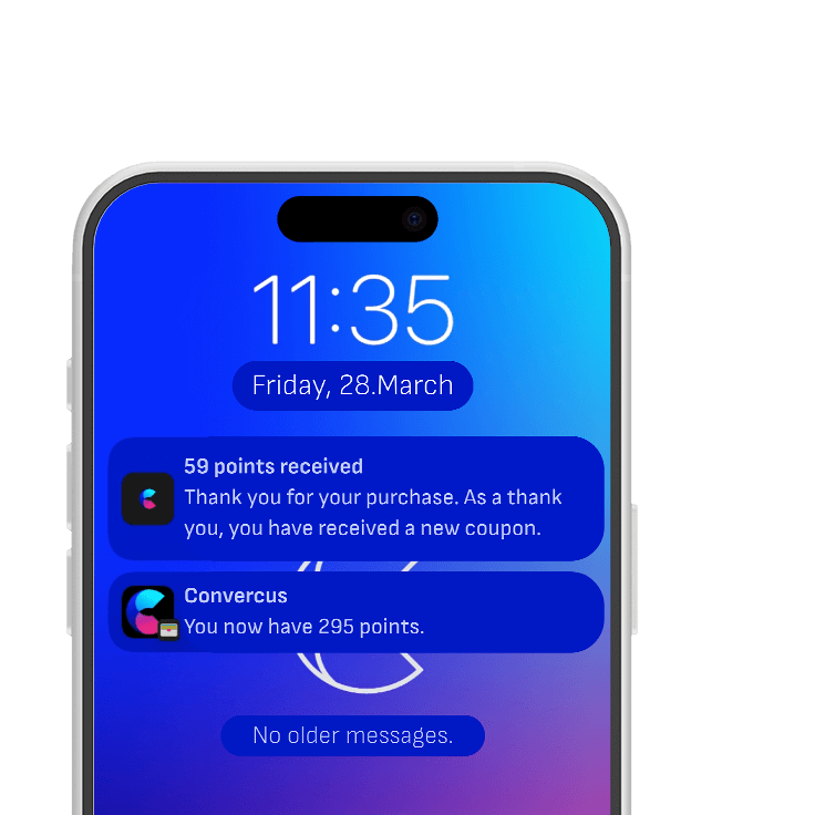 A push notification on the smartphone shows the newly collected points and the updated point balance.