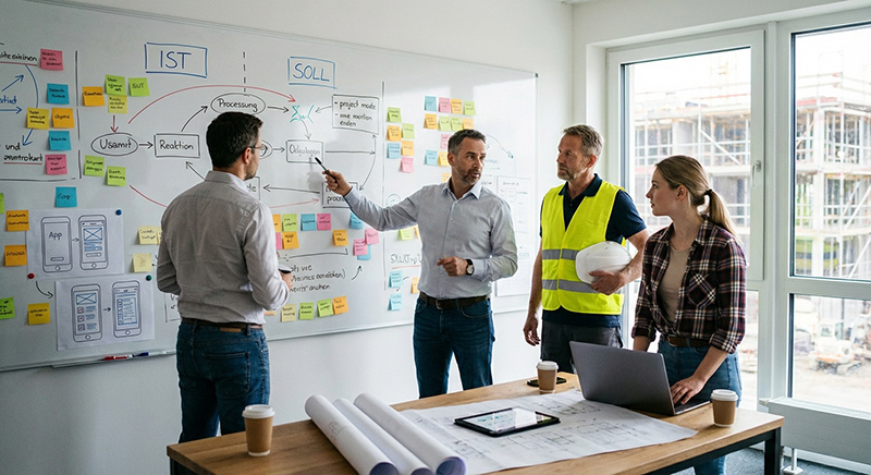 Gruppe von Peronen, die im Bau ein Digitalisierungsprojekt starten