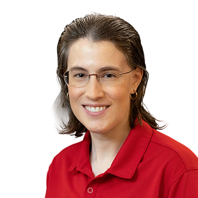A woman wearing glasses and a red shirt.. - ASCII Group Images