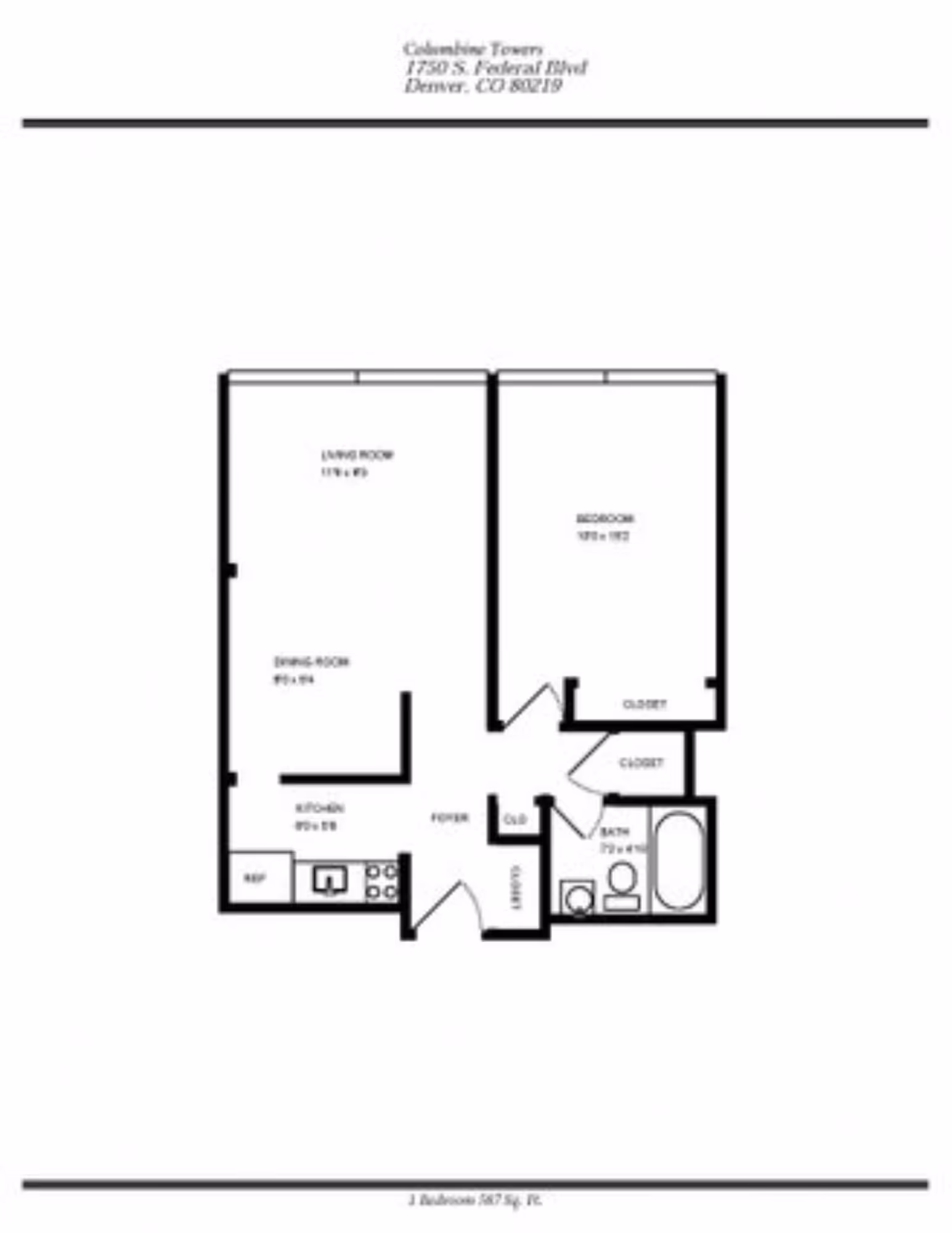 1 Bed 1 Bath floor plan layout