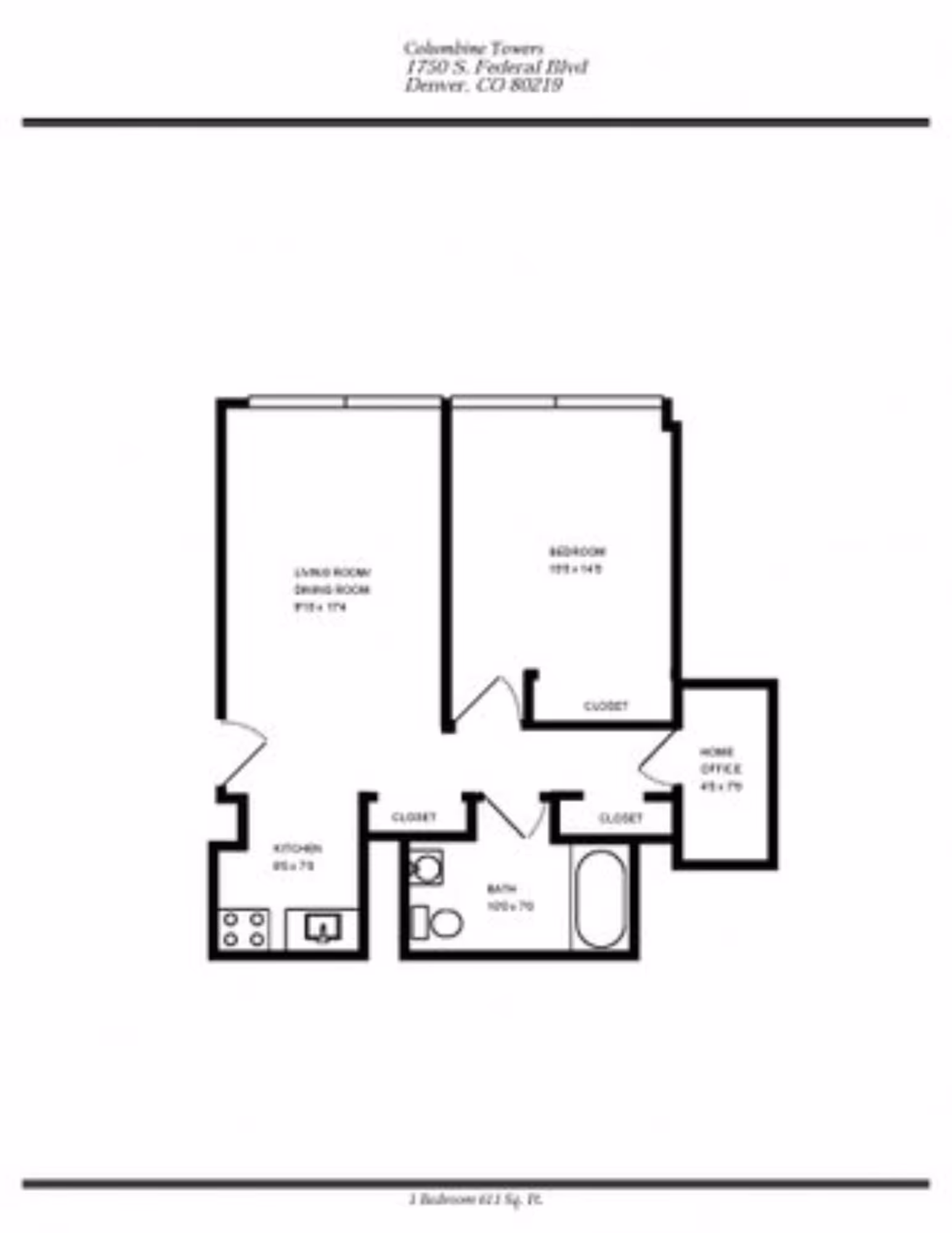 1 Bed 1 Bath + Office floor plan layout