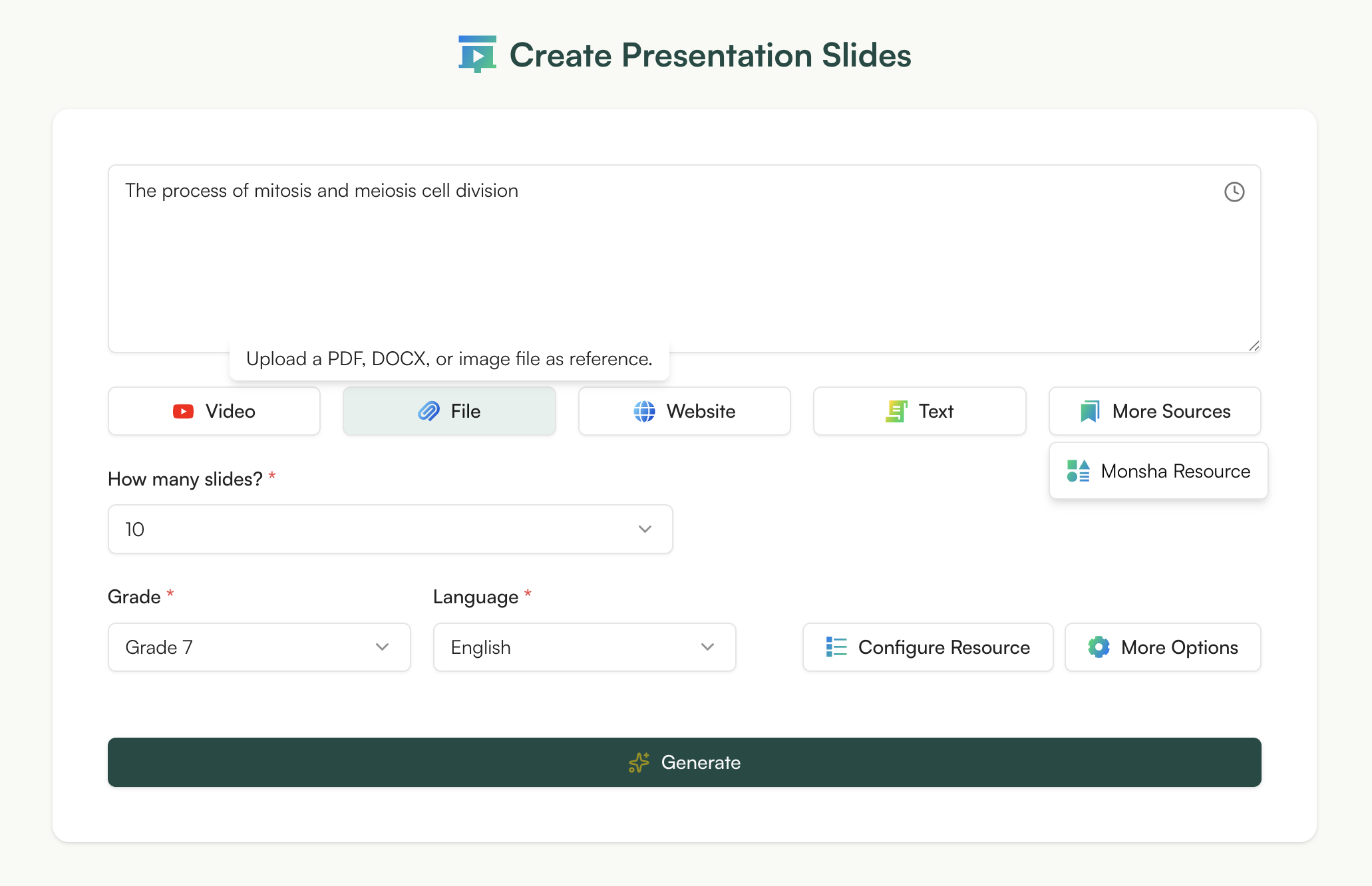 Turn any text, video, document, or resource into presentation slides
