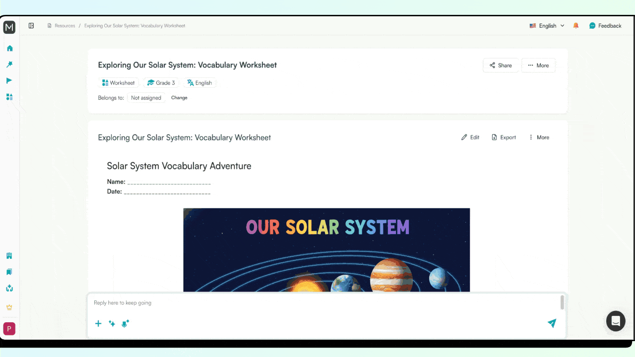 AI Vocabulary worksheet generator Monsha