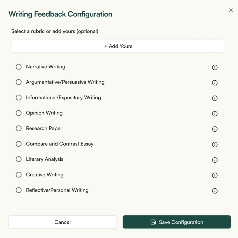 Use any rubric, or bring your own