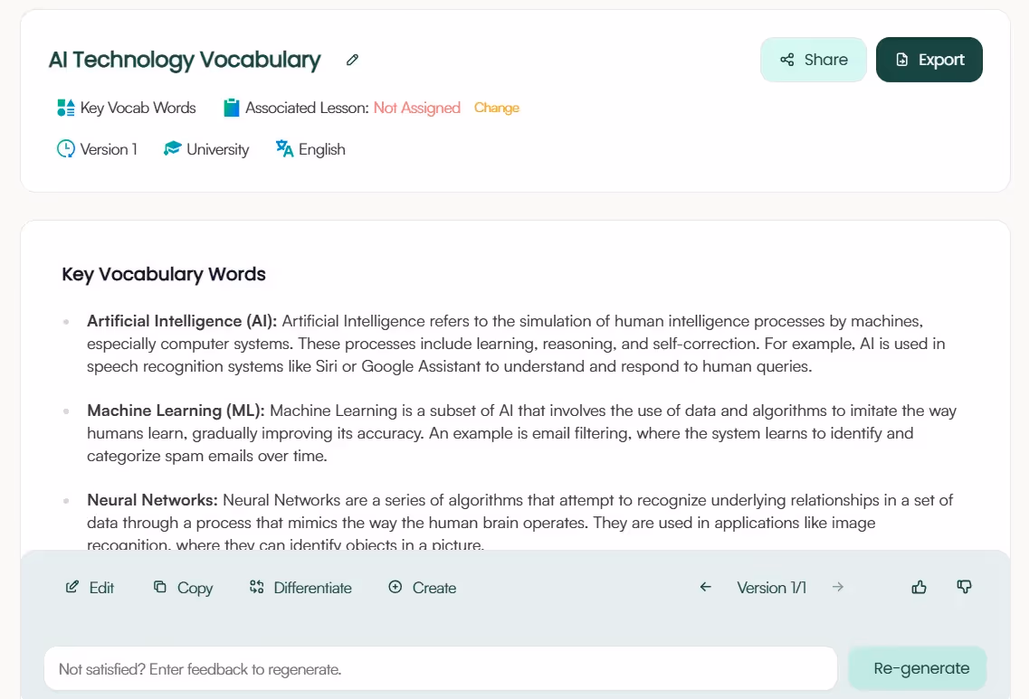 Monsha AI Vocabulary Words Generator Output Sample