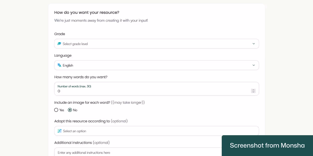 With Monsha, setting up requirements for generating a vocabulary list takes only a few clicks