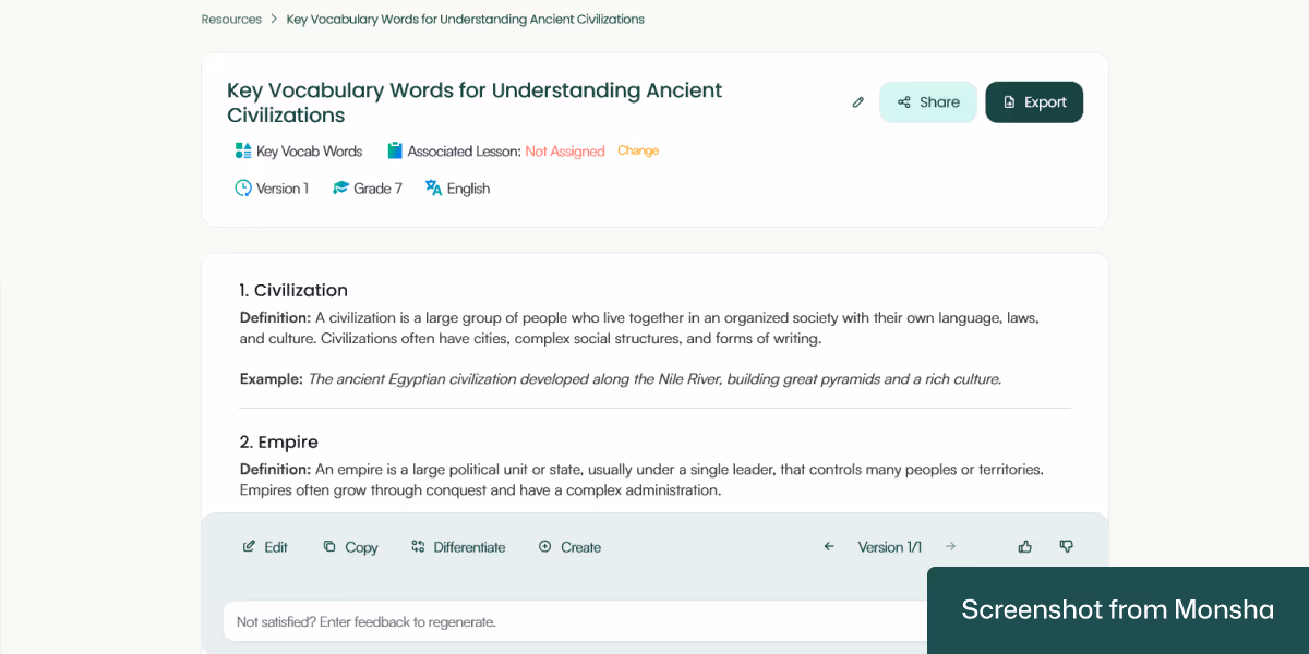 A topic-based key vocabulary list generated with Monsha