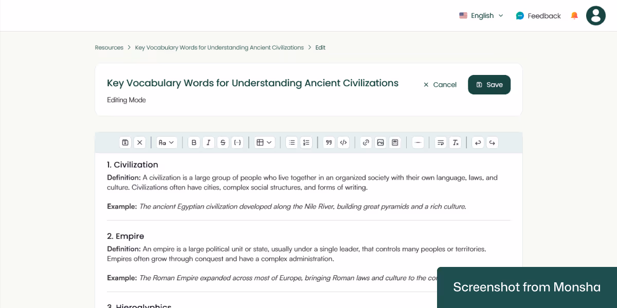 You can edit an AI-generated vocabulary list with Monsha