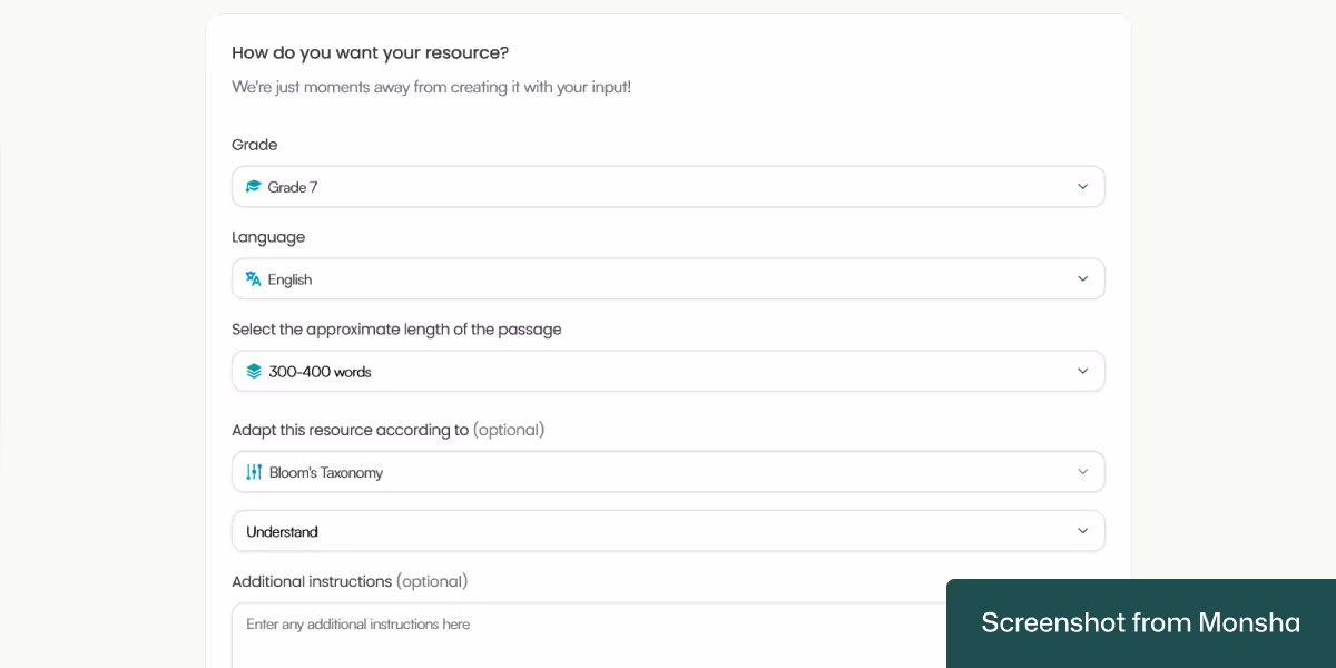 With Monsha, setting up requirements for generating an adaptive reading passage takes only a few clicks