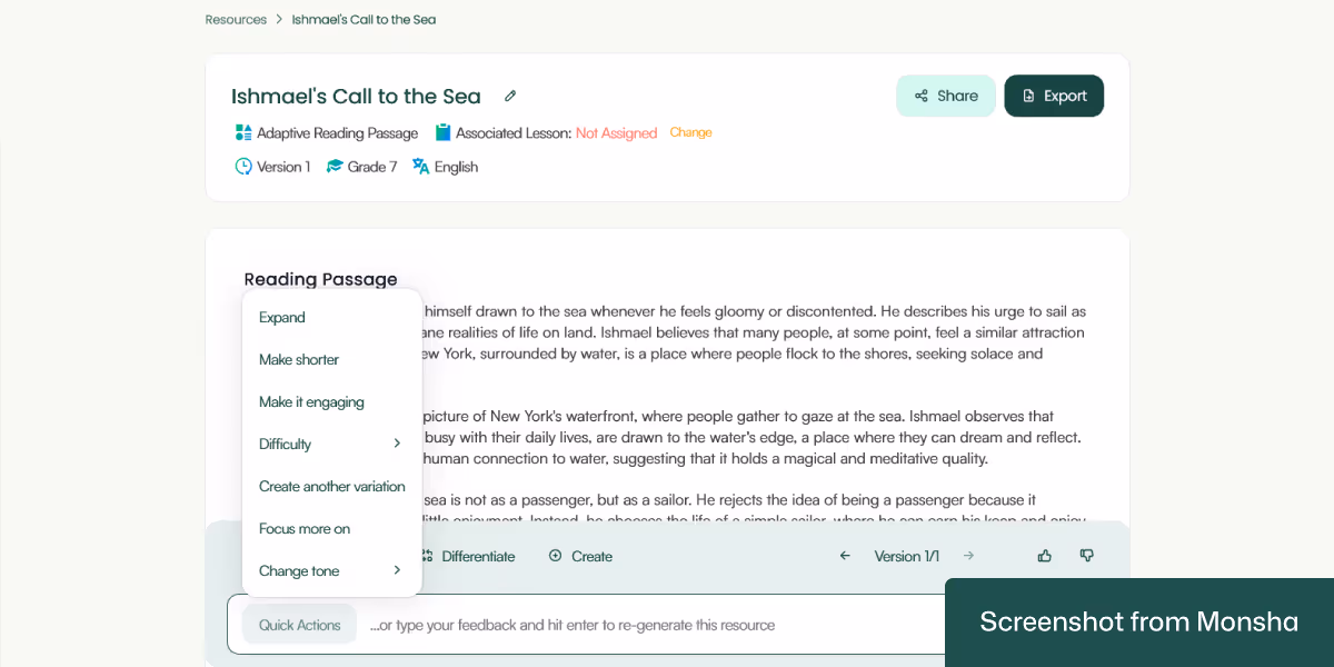 Customizing an AI-generated adaptive reading passage with Monsha is super easy