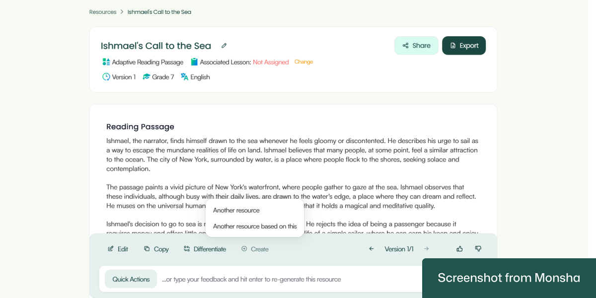 Create different types of teaching materials based on a single adaptive reading passage with Monsha