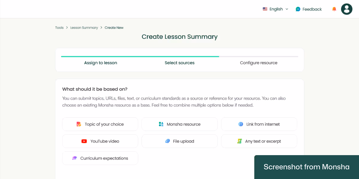 With Monsha, you can select multiple sources to generate a lesson summary