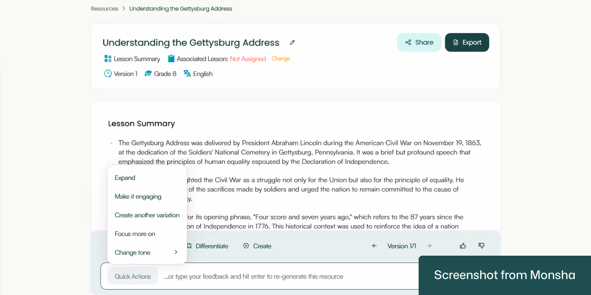 Customizing an AI-generated lesson summary with Monsha is super easy