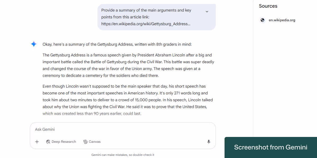 Google Gemini's response to create a URL-based lesson summary