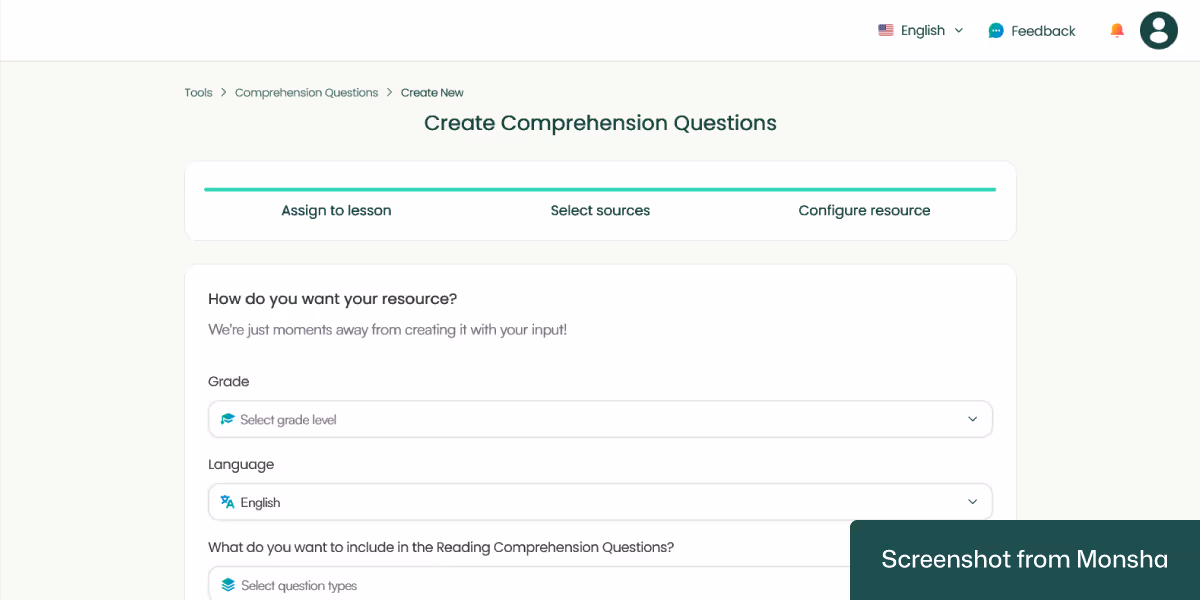 With Monsha, setting up requirements for generating reading comprehension questions takes only a few clicks