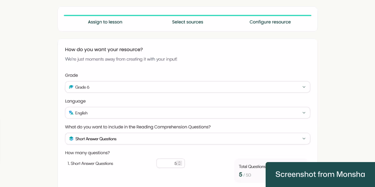 When creating reading comprehension questions with Monsha, you can set differentiation requirements
