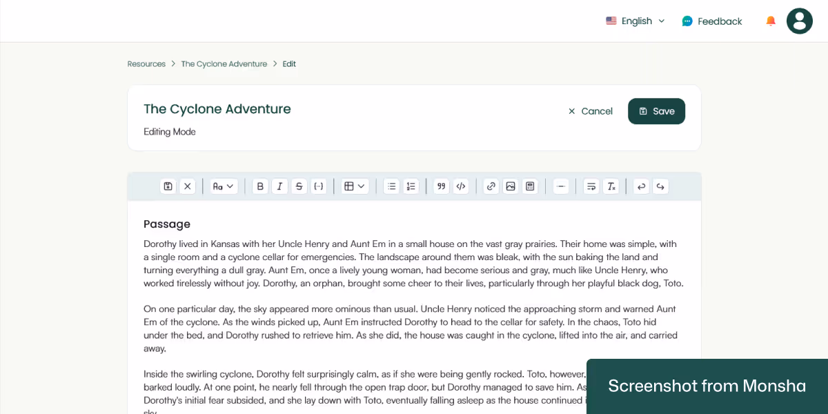 You can edit AI-generated reading comprehension questions with Monsha