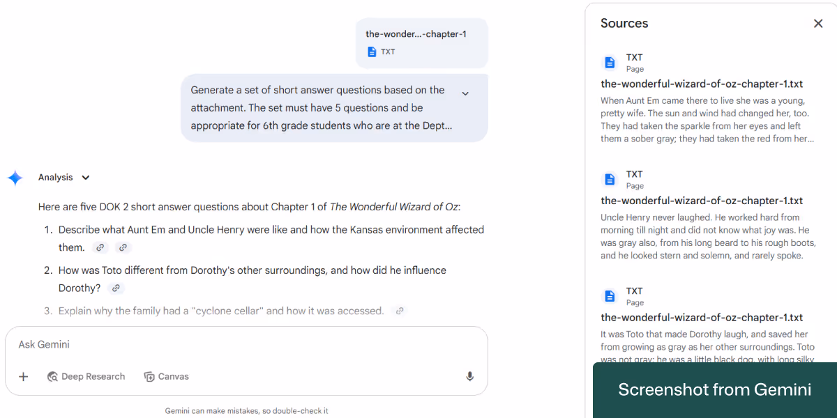 Google Gemini's response to create a set of file-based reading comprehension questions