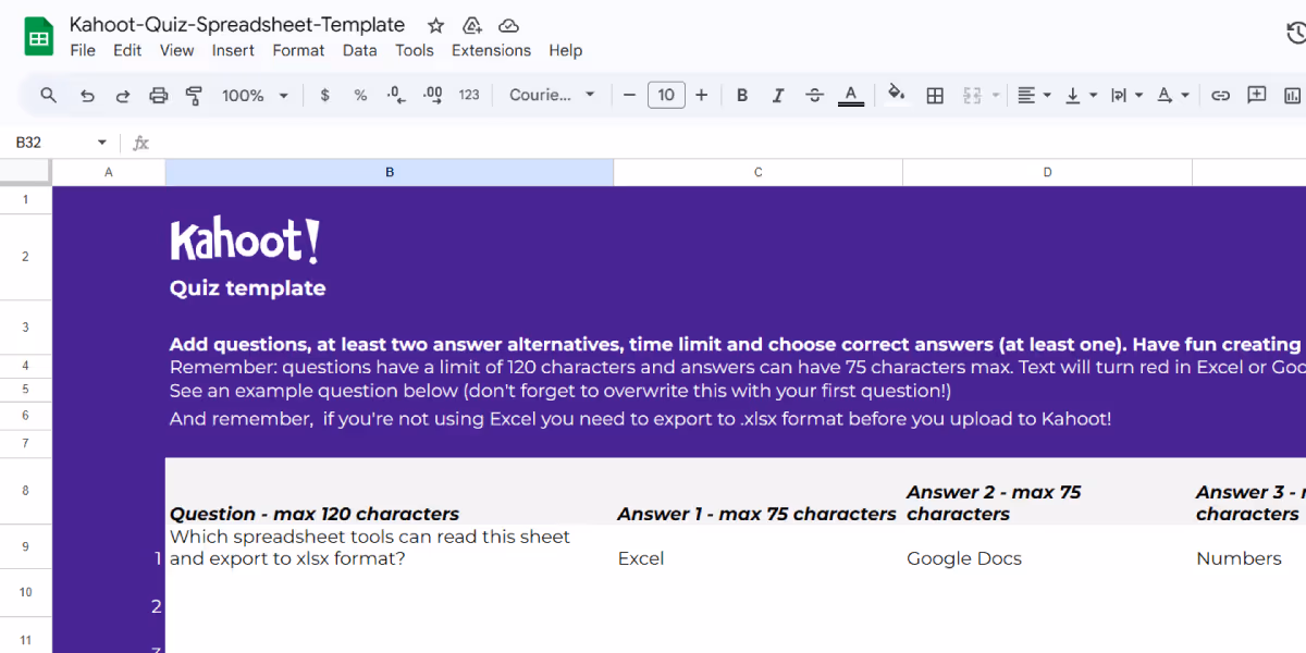 Spreadsheet template for Kahoot! quizzes