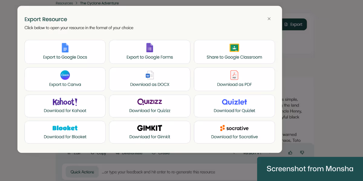 Export your AI-generated reading comprehension questions from Monsha