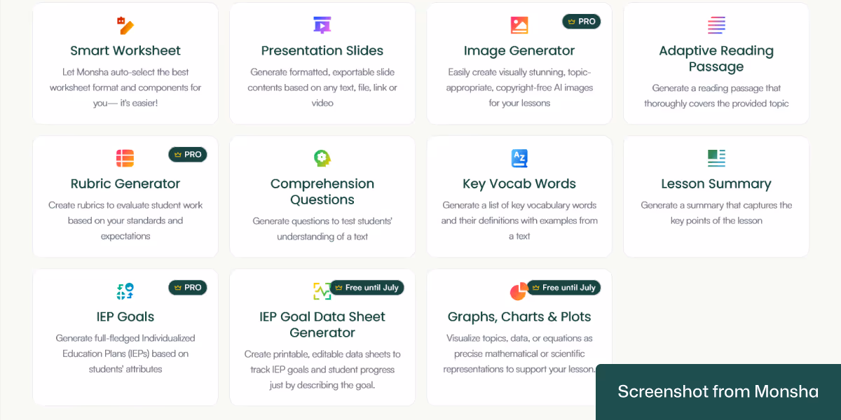 AI tool for creating IEP goal data sheets is accessible via Monsha account