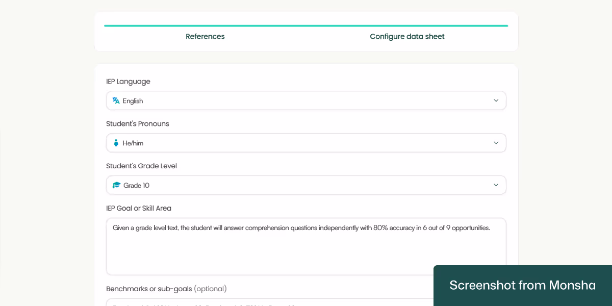 When creating IEP goal data sheets with Monsha, you can set your requirements based on grade level, language, benchmarks, and more