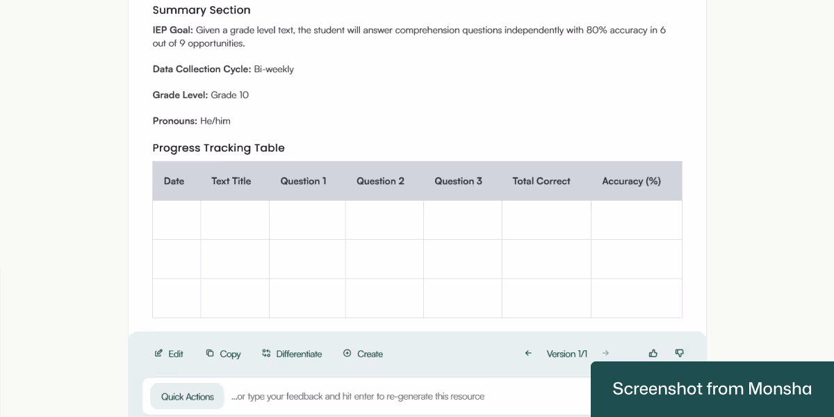 Monsha-generated IEP goal data sheets contain important details and instructions