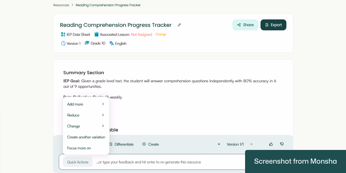 Customizing AI-generated IEP goal data sheets with Monsha is super easy