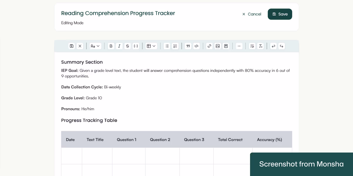 You can edit your AI-generated IEP goal data sheets with Monsha