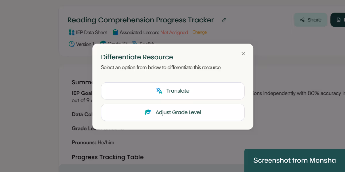 You can differentiate AI-generated IEP goal data sheets with Monsha