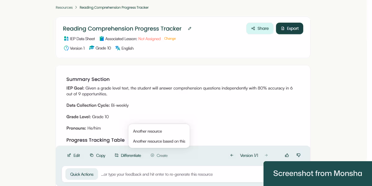 Create different types of teaching resources based on IEP goal data sheets with Monsha