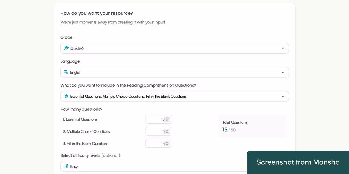 When creating reading comprehension questions with Monsha, you can set multiple requirements