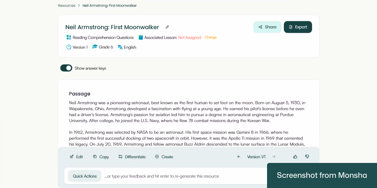 A set of link-based reading comprehension questions generated with Monsha also includes a passage 