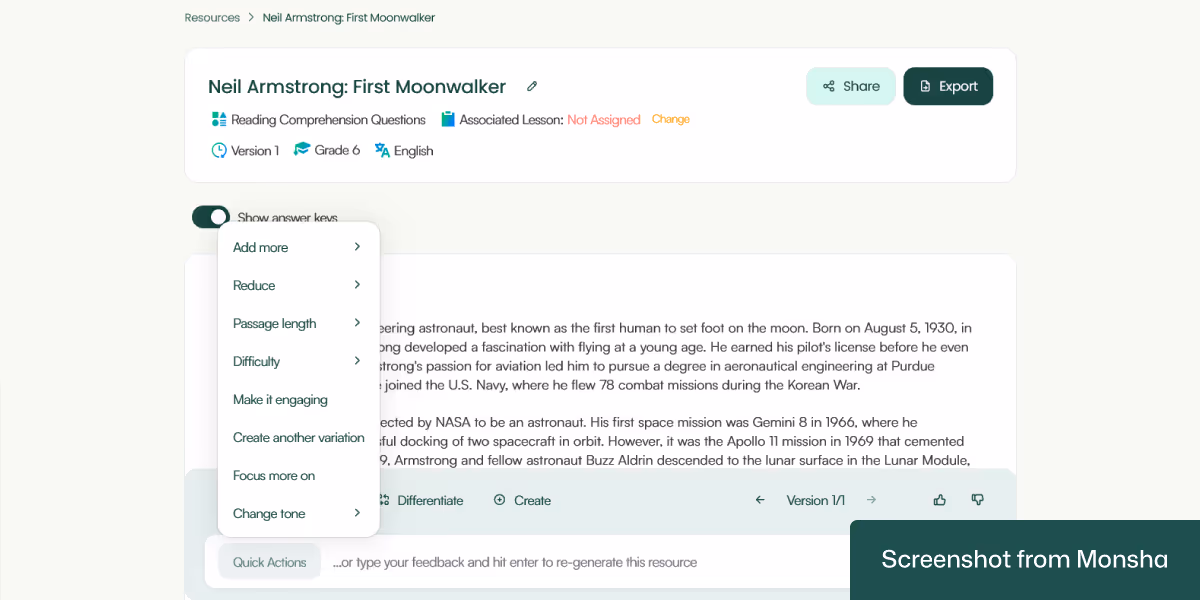 Customizing AI-generated reading comprehension questions with Monsha is super easy