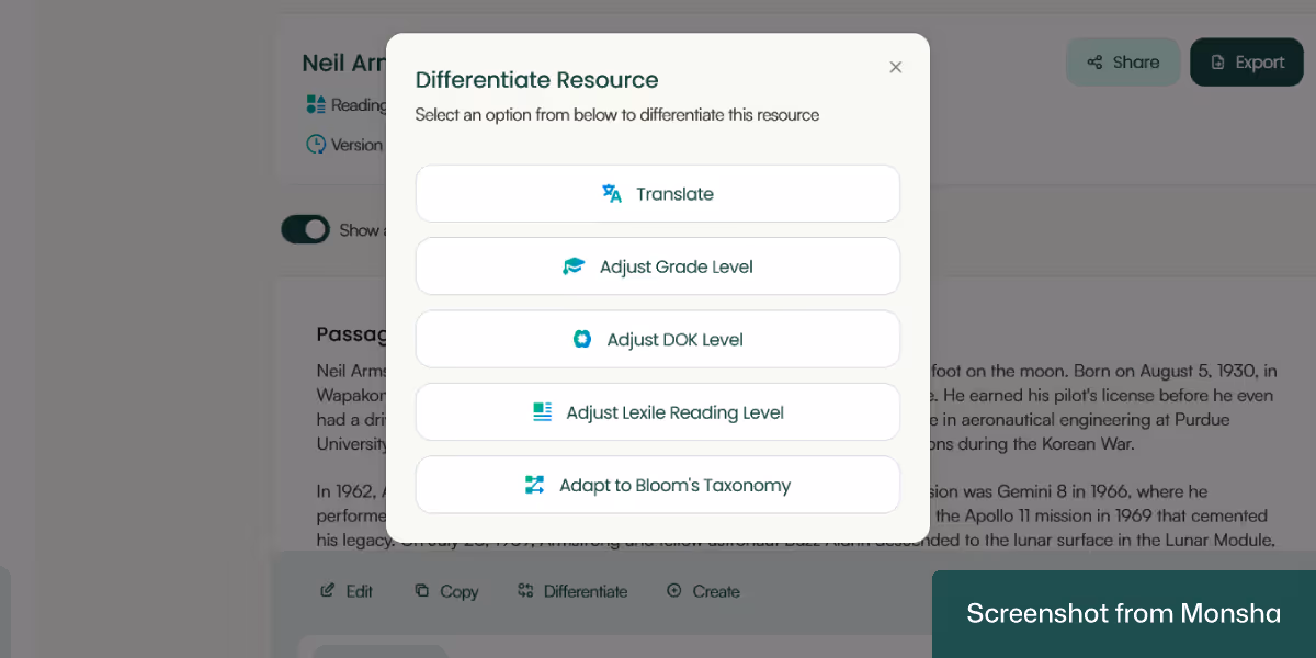 Differentiate your AI-generated reading comprehension questions with Monsha