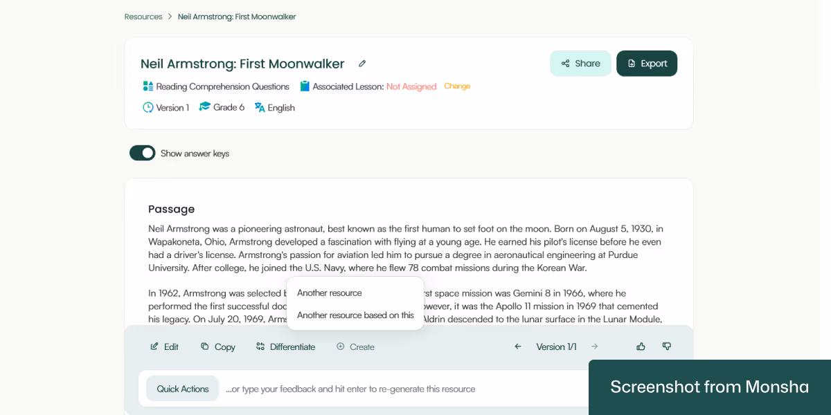 Create different types of teaching resources based on a single set of reading comprehension questions with Monsha
