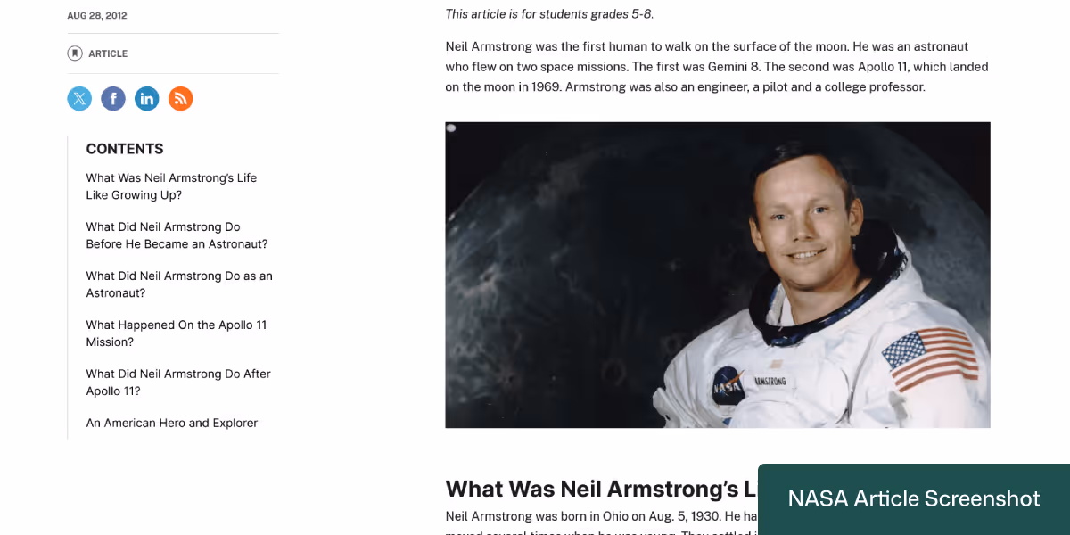 Screenshot of a NASA article on Neil Armstrong