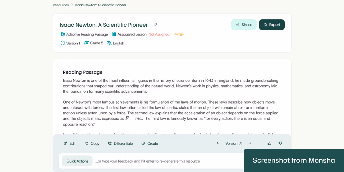 An adaptive reading passage generated based on a topic with Monsha