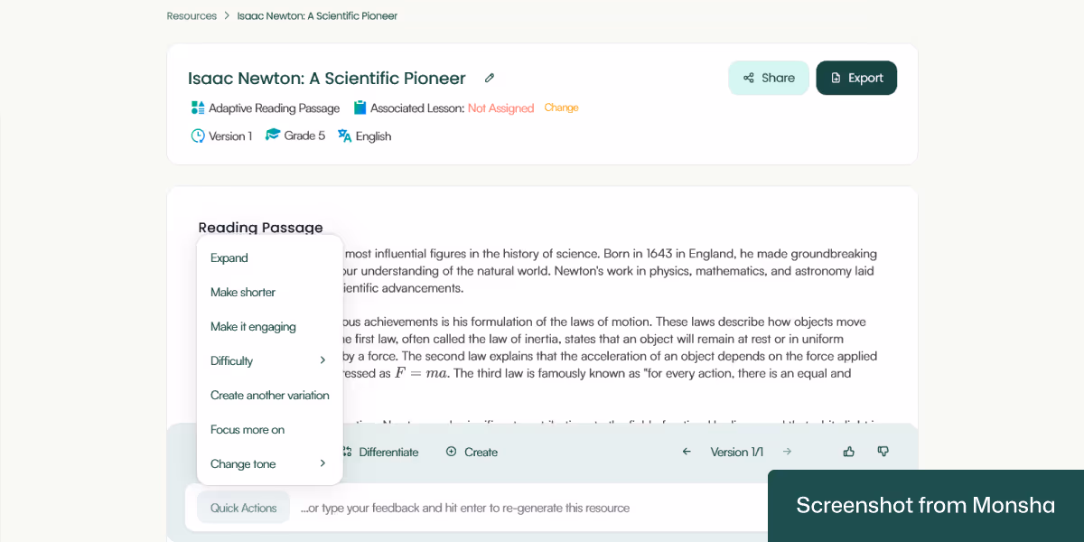 Customizing an AI-generated adaptive reading passage with Monsha is super easy