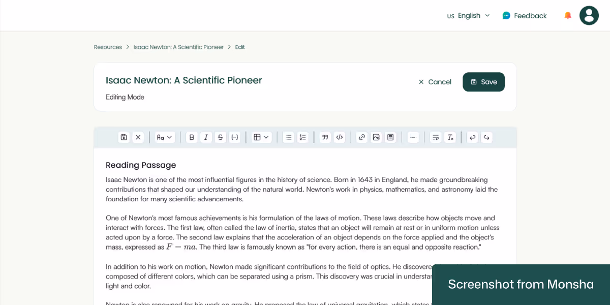 You can edit an AI-generated adaptive reading passage with Monsha