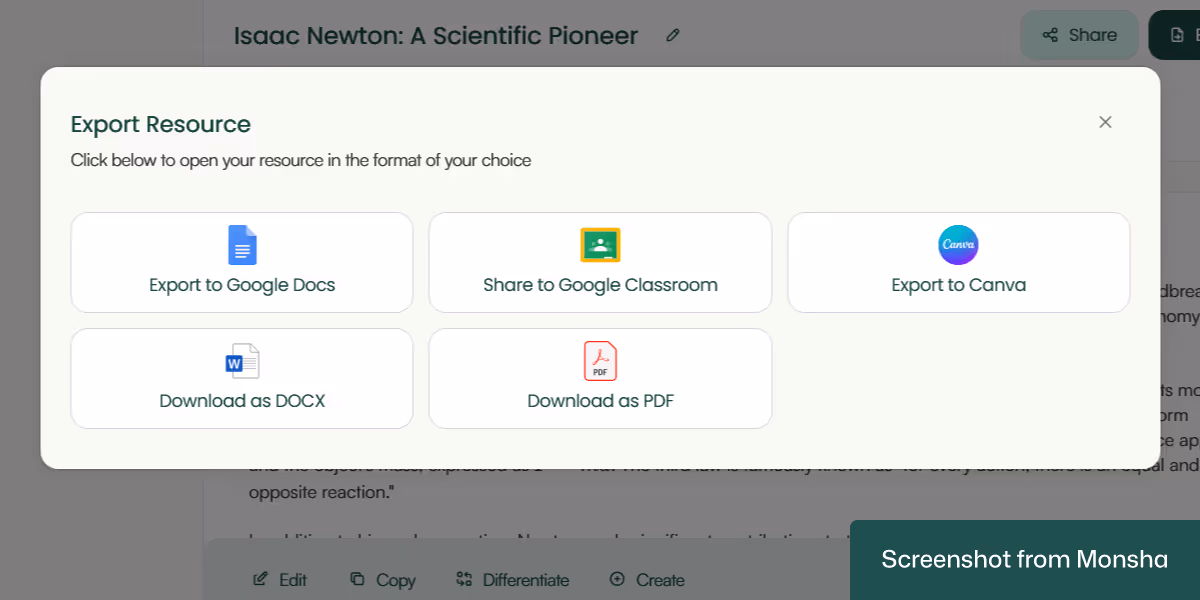 Export your AI-generated adaptive reading passages from Monsha